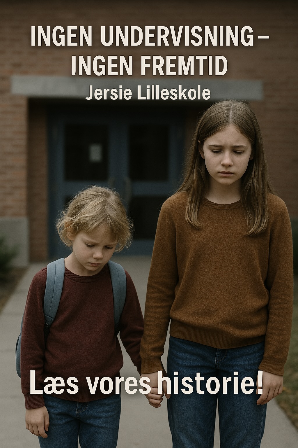 To børn med alvorligt blik foran skole – Ingen undervisning, ingen fremtid